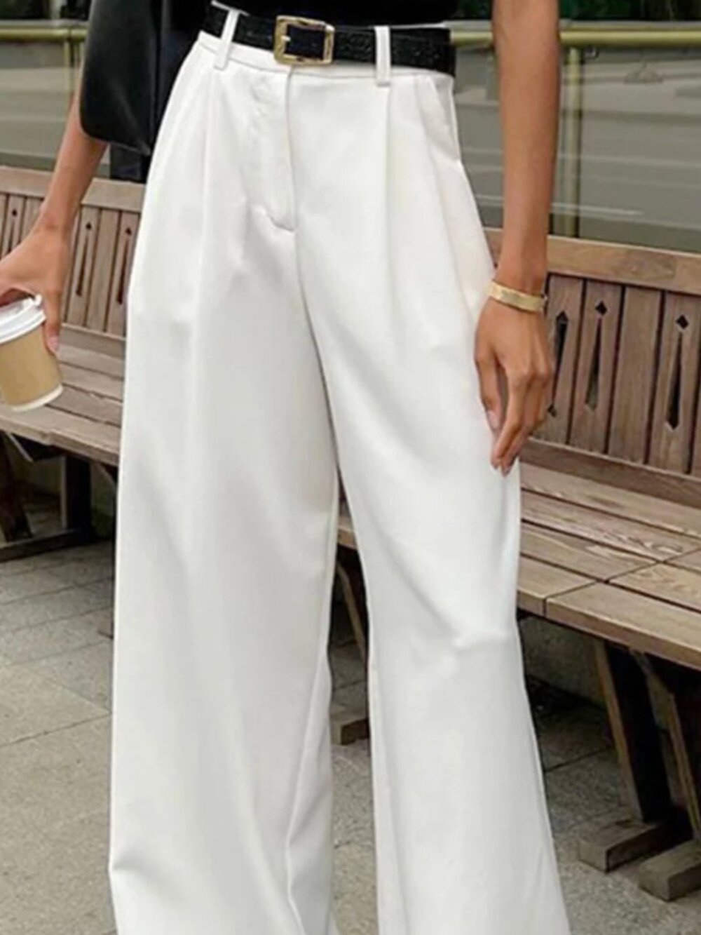 Commense Solid Wide Leg Pants Without Belt